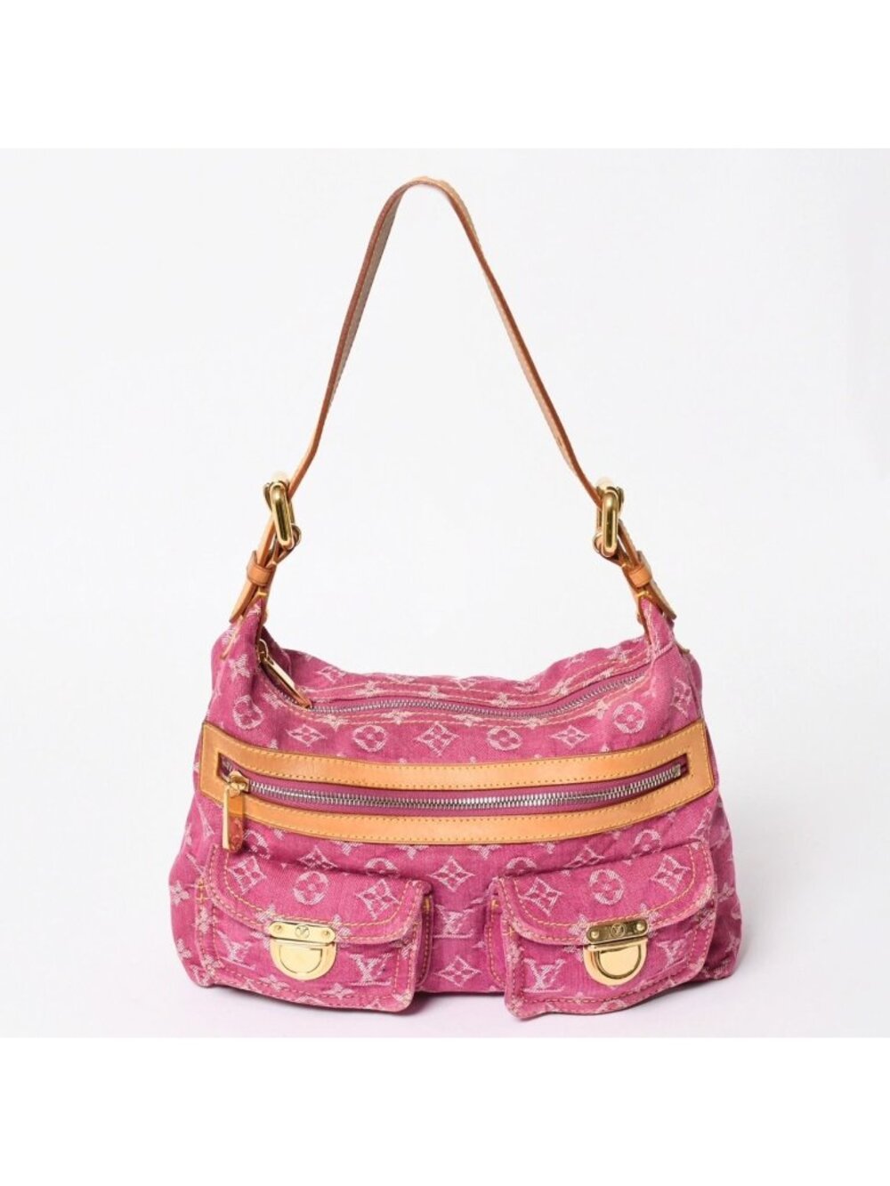 Louis Vuitton Baggy PM Shoulder Bag Monogram Denim Leather Pink Gold